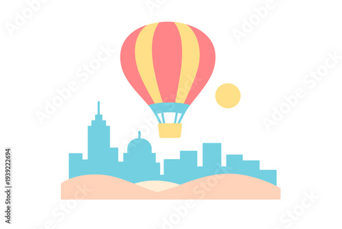 A colorful hot air balloon with pink and yellow stripes flies over a light blue city skyline and peach-colored hills under a yellow sun in a minimalist flat illustration style.