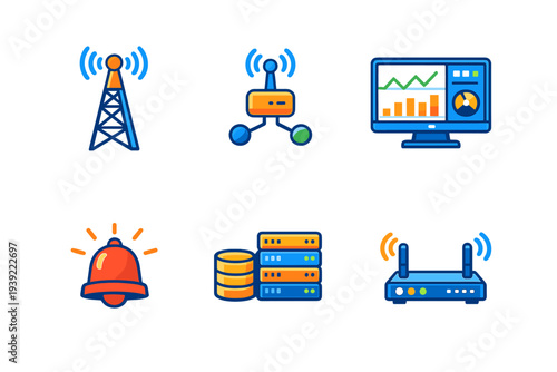 A set of six colorful flat icons representing telecommunications and data networking, including a radio tower, server storage, a dashboard monitor, and a wireless router on a black background.