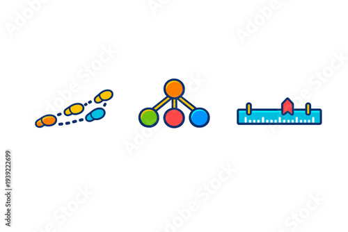 A set of three vibrant vector icons featuring a trail of footprints, a branching organizational chart, and a measuring ruler with an arrow, all set against a black backdrop.