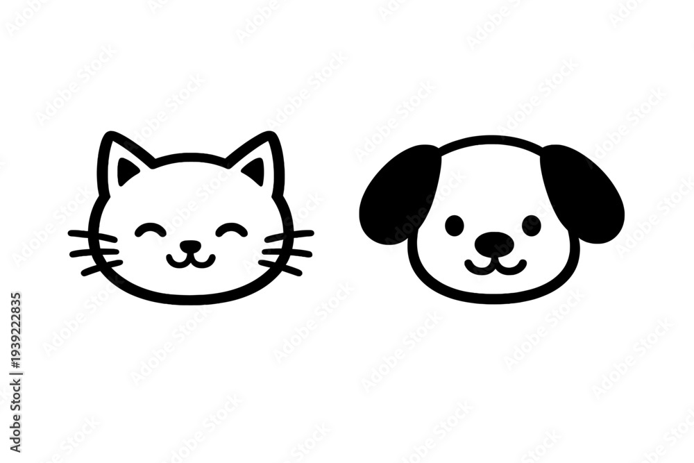 Obraz premium A minimalist line art illustration featuring the heads of a cat and a dog side by side on a black background. The simple white outlines create a cute and modern aesthetic.