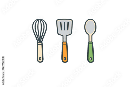 A flat illustration of three kitchen utensils including a whisk, a slotted spatula, and a spoon, each with a different colored handle, isolated on a solid black background.
