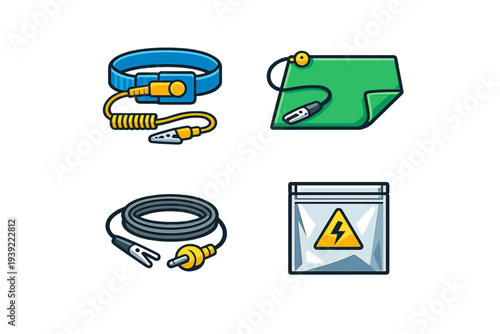 A set of four flat vector icons illustrating anti-static equipment including a wrist strap, grounding mat, cable, and protective bag for handling sensitive electronic components safely.