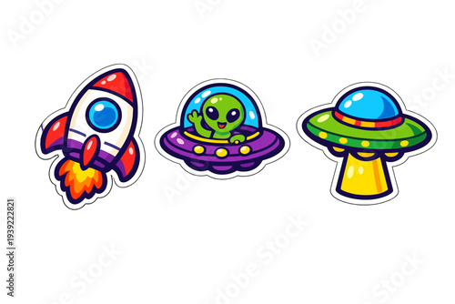 A set of three colorful cartoon stickers featuring a rocket ship blasting off, a friendly green alien waving from a purple UFO, and a green flying saucer with a yellow light beam.