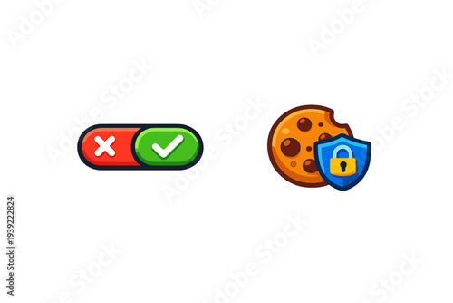 A cartoon illustration featuring a toggle switch with a red cross and green checkmark next to a chocolate chip cookie protected by a blue shield with a yellow padlock.