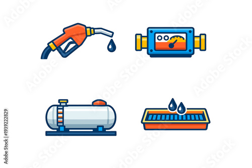 A set of four flat vector icons representing the oil and gas industry, including a fuel nozzle, a flow meter, a storage tank, and a drainage system on a black background.