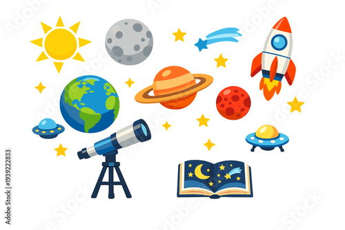 Colorful cartoon illustration set featuring space elements like planets, a rocket ship, a telescope, and stars on a black background. Includes Earth, Saturn, Mars, the moon, and UFOs.