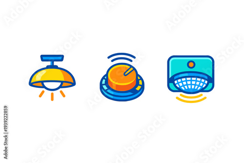 A set of three stylized icons representing smart home technology including a yellow pendant lamp, an orange control dial, and a blue motion sensor on a black background.