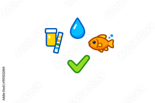 A collection of icons representing aquarium water quality testing including a goldfish, a water drop, a test tube with a pH strip, and a green checkmark on a black background.