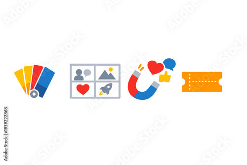 Four colorful flat design icons representing branding, content management, social media engagement, and ticketing or events are displayed horizontally on a solid black background.