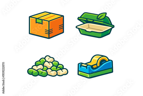 A set of four colorful cartoon icons representing shipping and packaging materials, including a cardboard box, an eco-friendly food container, packing peanuts, and a tape dispenser.