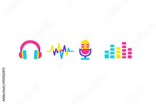A set of four colorful audio icons including headphones, a sound wave, a microphone, and an equalizer display, all featuring a vibrant pink, yellow, and blue color palette on a black background.