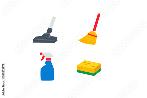 A flat illustration of four essential cleaning tools including a vacuum cleaner, a broom, a spray bottle, and a sponge, arranged in a grid layout on a solid black background.