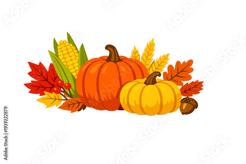 A vibrant autumn harvest illustration featuring orange and yellow pumpkins, an ear of corn, wheat stalks, colorful fall leaves, red berries, and an acorn on a black background.