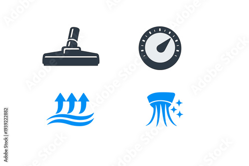 A set of four flat vector icons representing vacuum cleaner functions, including a floor nozzle, power dial, airflow suction, and a cleaning brush with sparkles on a black background.