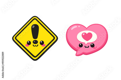 Two cute kawaii characters on a black background. One is a yellow warning sign with an exclamation mark, and the other is a pink heart-shaped speech bubble with a heart inside.