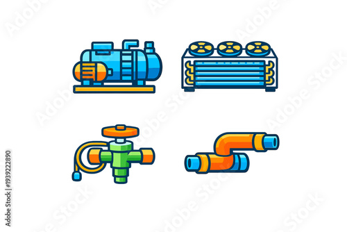 This set of four industrial icons includes a blue water pump, a cooling unit with three fans, a green valve assembly, and orange piping sections on a black background.
