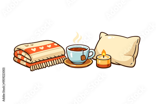 This cozy illustration shows a folded blanket with heart patterns, a steaming cup of tea on a saucer, a lit candle, and a soft pillow, all set against a black background.