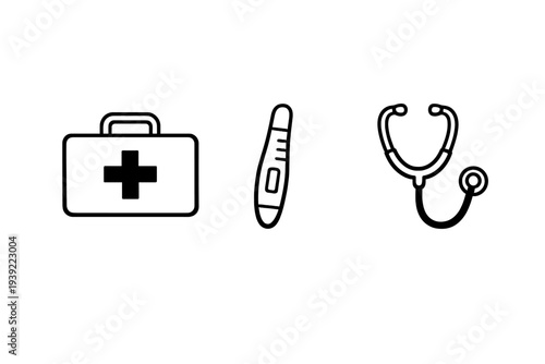 Three minimalist white outline icons on a solid black background featuring a first aid kit, a digital thermometer, and a stethoscope, symbolizing medical care and health services.