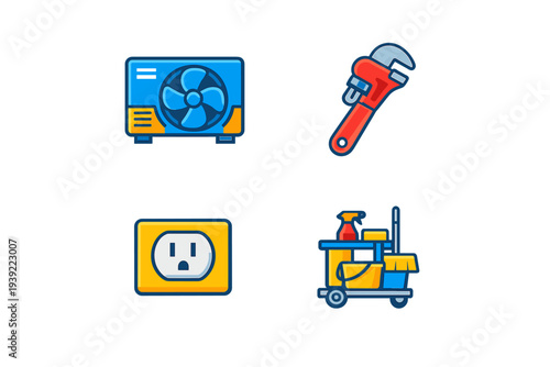 A set of four colorful flat icons representing home maintenance services including air conditioning repair, plumbing with a wrench, electrical work, and professional cleaning.