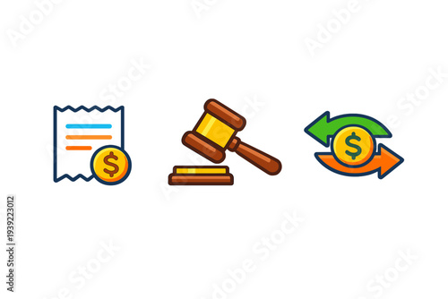 A set of three flat vector icons featuring a financial receipt with a dollar coin, a wooden judge's gavel on a sound block, and a currency exchange symbol with circular arrows.