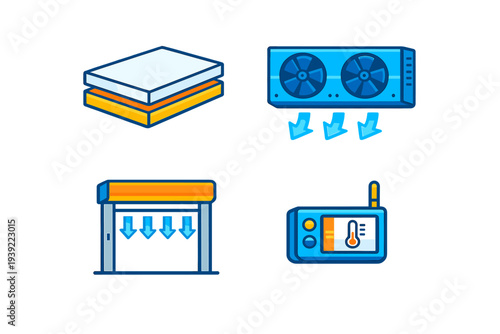 A set of four flat vector icons representing cold storage technology, including insulated panels, a refrigeration unit, an air curtain door, and a digital temperature controller.