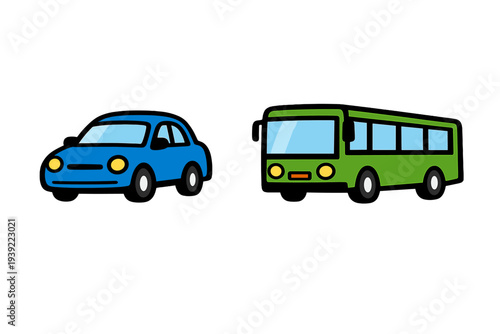 A simple illustration featuring a blue car and a green bus side by side against a solid black background. Both vehicles are depicted in a clean, cartoonish style with yellow headlights.