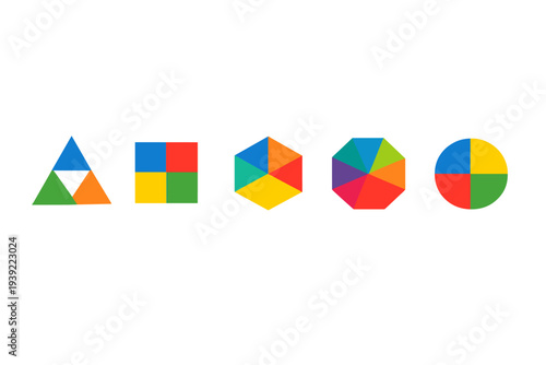 A row of five colorful geometric shapes including a triangle, square, hexagon, octagon, and circle, each divided into vibrant segments against a solid black background.
