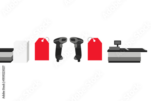 A flat illustration of retail checkout equipment including a cashier counter, barcode scanners, red price tags, and a white package, all set against a solid black background.