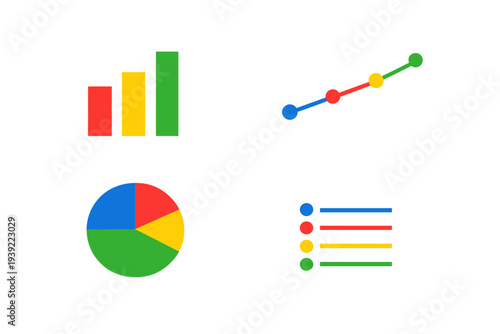 A collection of four colorful data visualization charts including a bar graph, a line graph, a pie chart, and a horizontal bar chart set against a solid black background.