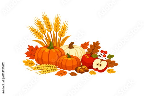 A flat vector illustration featuring a collection of autumn harvest elements including orange and white pumpkins, wheat stalks, red apples, acorns, and colorful fall leaves on a black background.