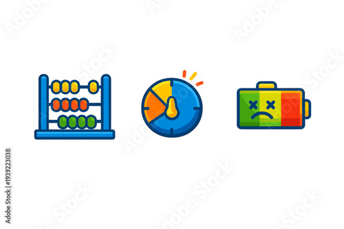 Three colorful flat icons on a black background featuring an abacus with colored beads, a circular gauge with a needle, and a battery showing a sad face and low charge level.