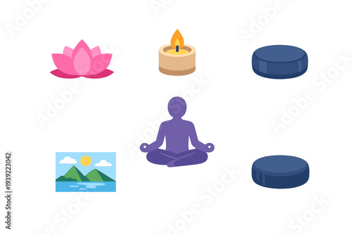 A collection of flat icons related to meditation and wellness, featuring a pink lotus flower, a lit candle, a purple silhouette of a person meditating, and a landscape scene.