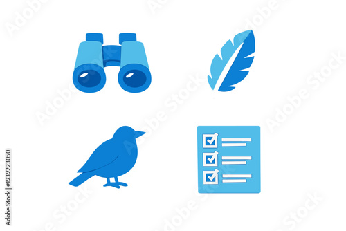 Four blue three-dimensional icons including binoculars, a feather, a bird, and a checklist are displayed on a black background. These symbols represent birdwatching and nature study.