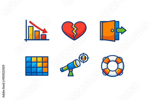 A set of six vibrant flat icons on a black background depicting concepts such as a declining chart, a broken heart, an exit door, a data grid, a telescope search, and a lifebuoy.