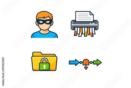 A collection of four colorful vector icons illustrating data security concepts, featuring a masked hacker, a paper shredder, a locked folder, and a data flow diagram on a dark background.