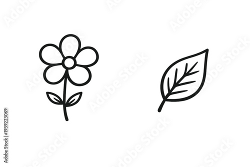 A minimalist black line drawing featuring a simple five-petal flower on a stem with small leaves alongside a separate detailed leaf icon, both isolated on a dark background.