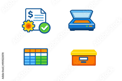 This set features four distinct office and document management icons: a processed invoice, a digital scanner, a data spreadsheet, and an archive storage box on a black background.