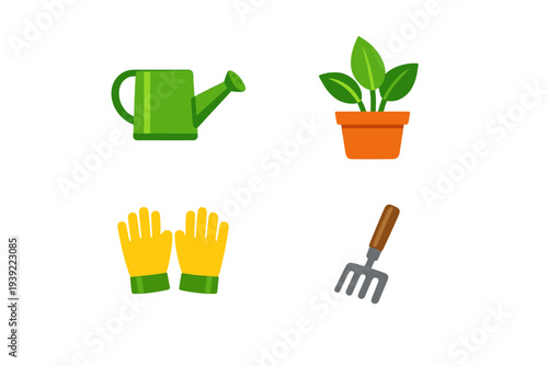 A collection of four gardening icons including a green watering can, a potted plant with green leaves, yellow gardening gloves, and a small hand rake, all set against a black background.