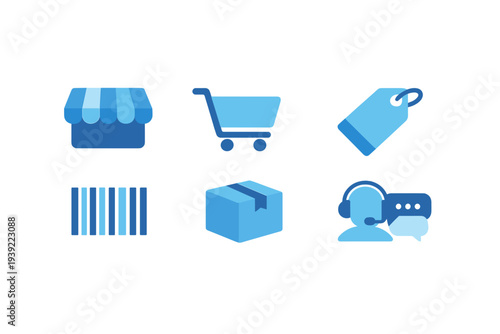 A collection of six blue ecommerce icons including a storefront, shopping cart, price tag, barcode, shipping box, and customer support representative on a dark background.