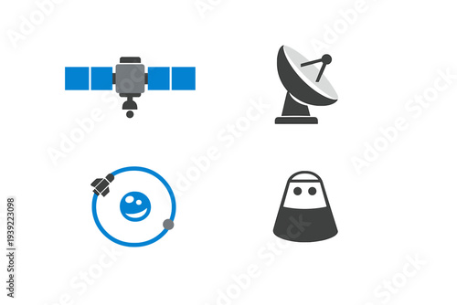 A collection of four space-themed icons featuring a satellite with blue panels, a parabolic antenna dish, a smiling planet with an orbiting rocket, and a space capsule on a white background.