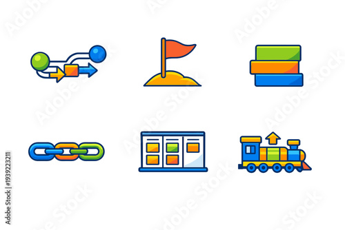 A collection of six colorful business and project management icons featuring a flowchart, a flag, stacked bars, a chain link, a kanban board, and a steam train on a black background.