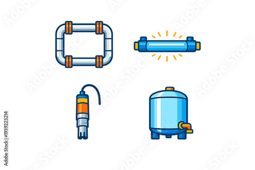 A set of four flat vector icons representing water treatment equipment, including a pipe loop, a UV sterilizer lamp, a sensor probe, and a storage tank on a black background.
