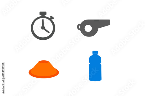 A collection of four sports training icons including a grey stopwatch, a grey whistle, an orange marker cone, and a blue water bottle, all arranged in a grid on a black background.