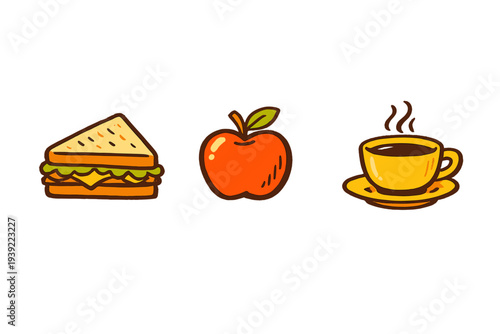 A simple illustration featuring a toasted sandwich with lettuce and cheese, a red apple with a green leaf, and a steaming yellow cup of coffee on a saucer against a black background.