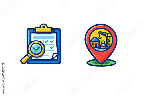 Two colorful icons featuring a blue clipboard with a checklist and magnifying glass next to a red map pin showing a construction site with a crane and house on a black background.