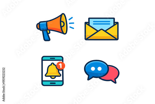 A set of four colorful communication icons featuring a megaphone, an open envelope with a letter, a smartphone with a notification bell, and two overlapping speech bubbles.