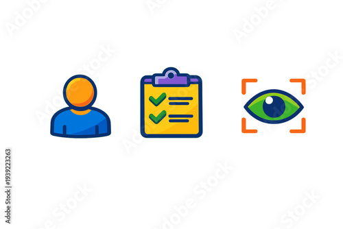Three stylized icons featuring a human profile, a yellow clipboard with green checkmarks, and a green eye inside a focus frame, all isolated against a solid black background.