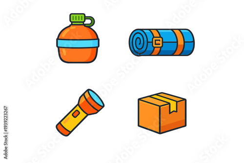 This vector illustration features four survival gear icons including an orange canteen, a rolled blue sleeping mat, a yellow flashlight, and a cardboard box on a black background.