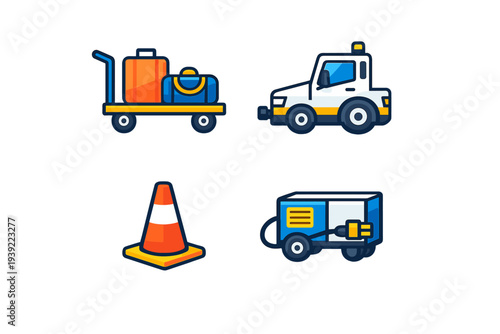 A collection of four airport ground support equipment icons including a luggage cart, a tug vehicle, a traffic cone, and a mobile power unit in a flat vector style.