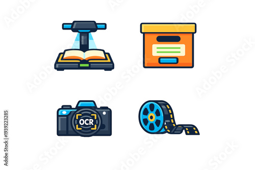 A set of four flat icons representing digital archiving and media processing, including a book scanner, a storage box, a camera with OCR technology, and a film reel on a black background.